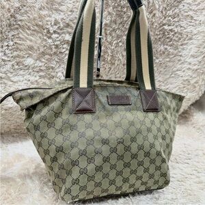 Gucci Green Monogram Tote with Striped Handles